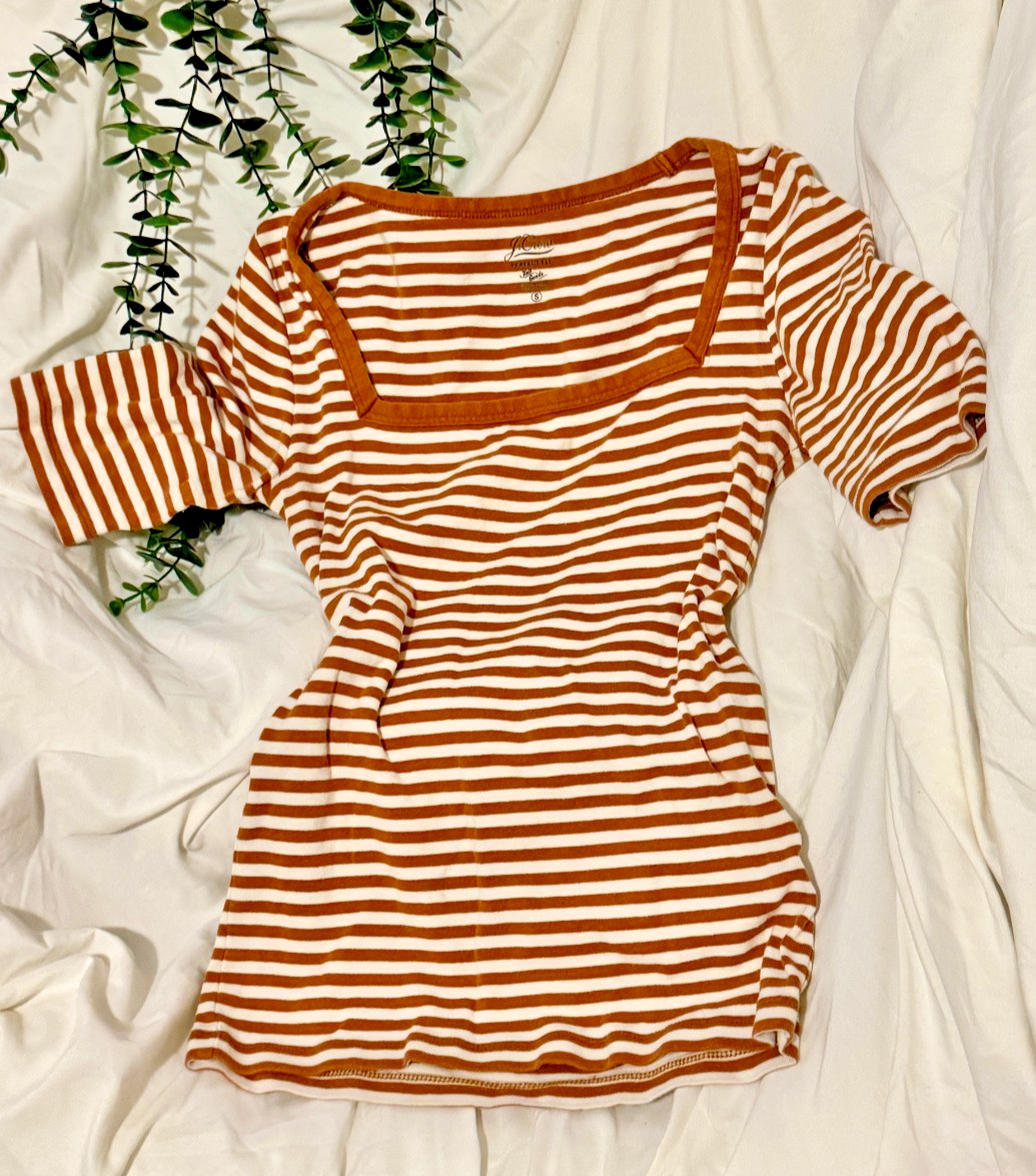 J.Crew “Perfect Fit” Brown & Cream Striped Square Neck Top – Small \