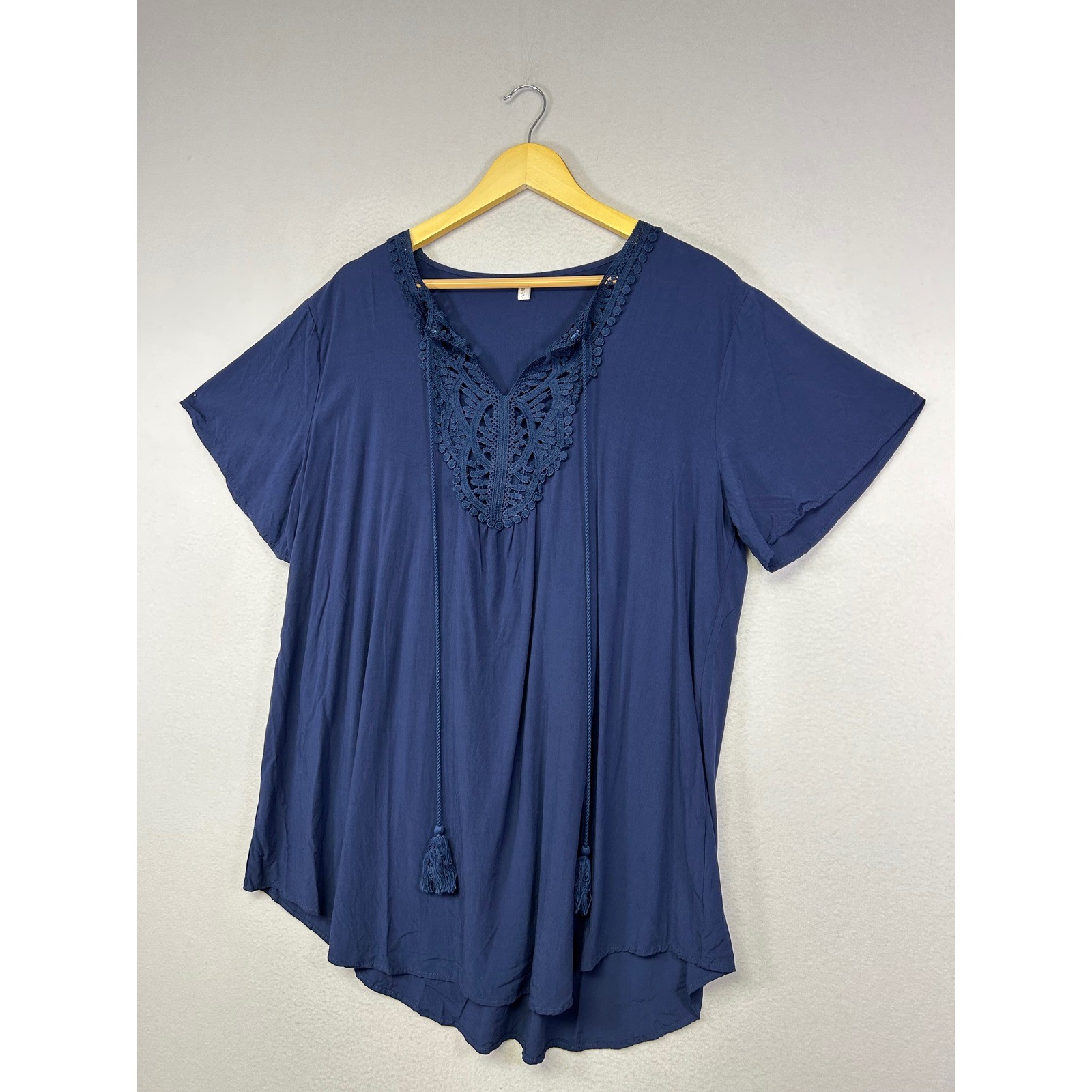 Boho Peasant Ekouaer Women XL Blue Crochet Lace Tassel V-Neck Short Slv Blouse
