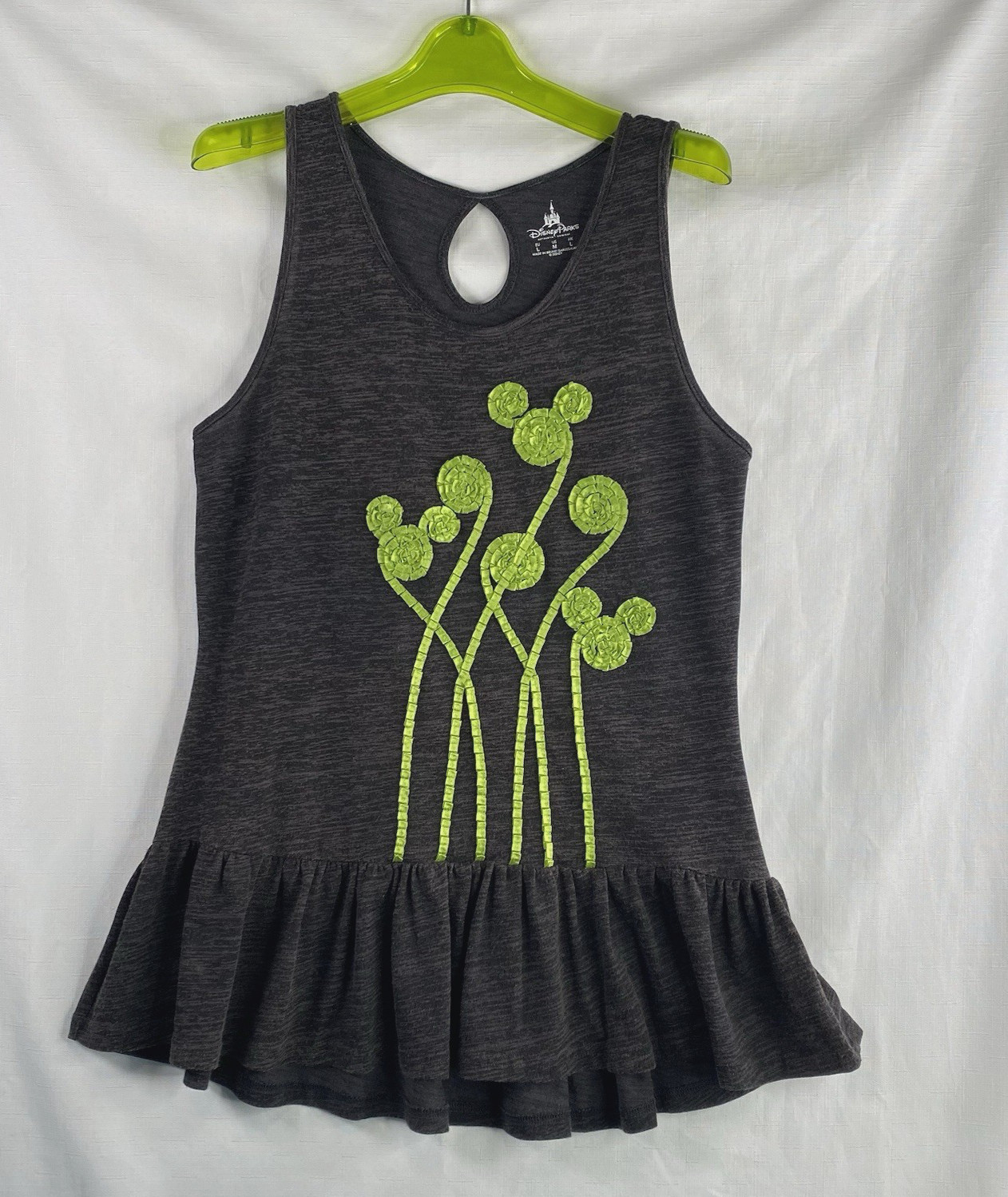 Disney Parks Authentic Tunic Ruffle Top Gray Green Mickey Ears Flowers US Medium
