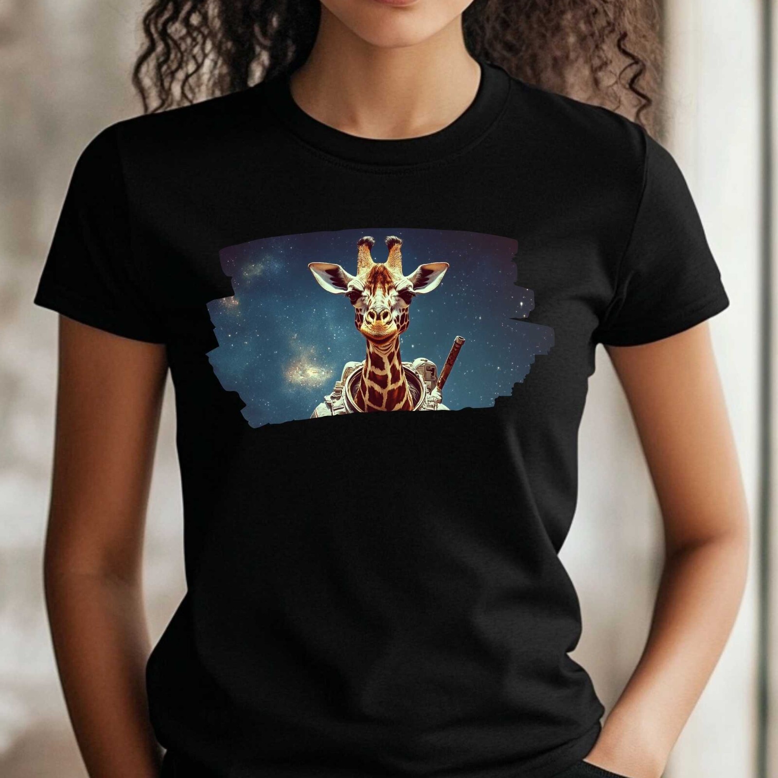 Women Giraffe as Astronaut Print Cotton T-Shirt Size XS to 3XL