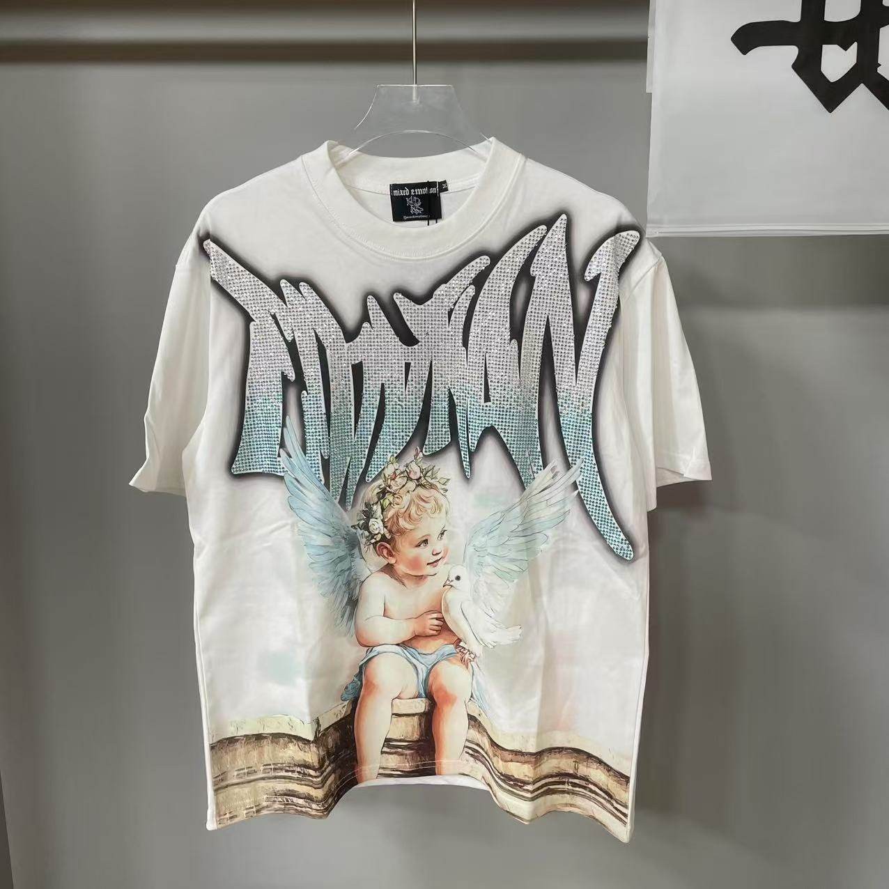 RHINESTONE EMOTION WHITE T SHIRT HIGH STREET ANGEL BABY PRINT HIPSTER TOP TEE