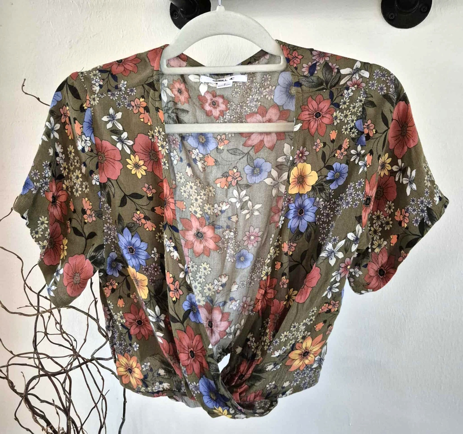 O’Neill Women’s Juniors Olive Green Floral Print Bolero Layering Shirt S Small