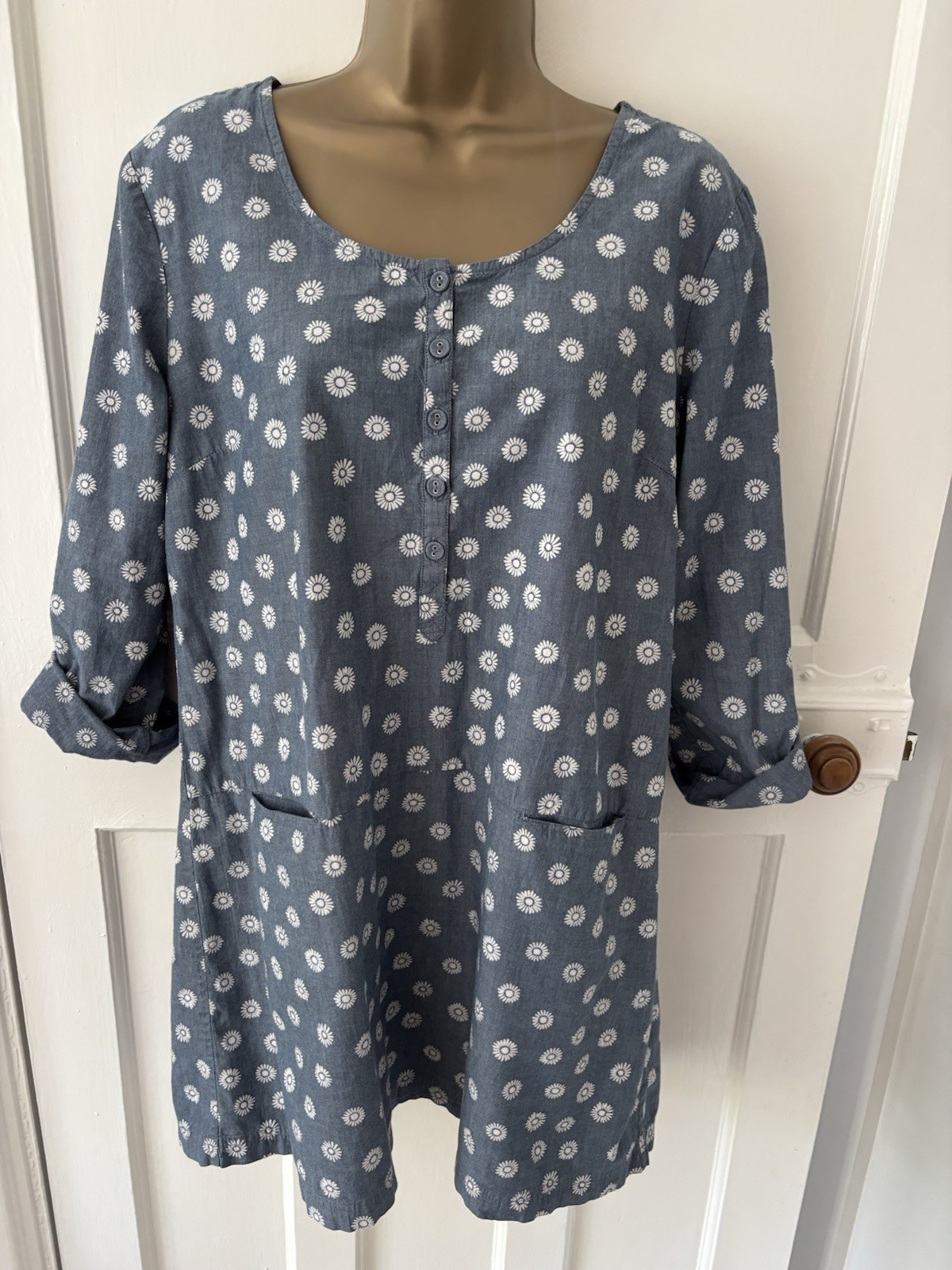 Seasalt Porthole Tunic Blue floral flower 100% Cotton With Roll Sleeves – UK 14