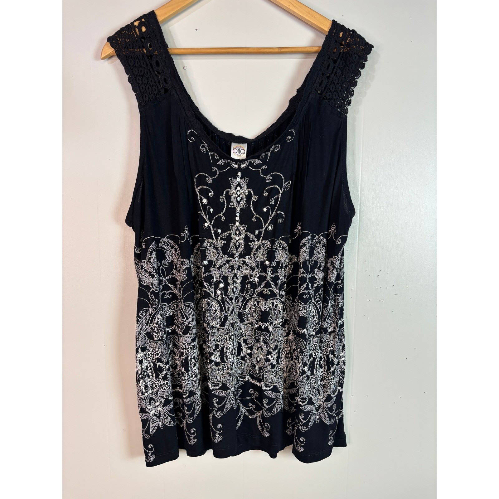 Bila Tank Top XXL Black Paisley Beaded Sequin Crochet Boho Women