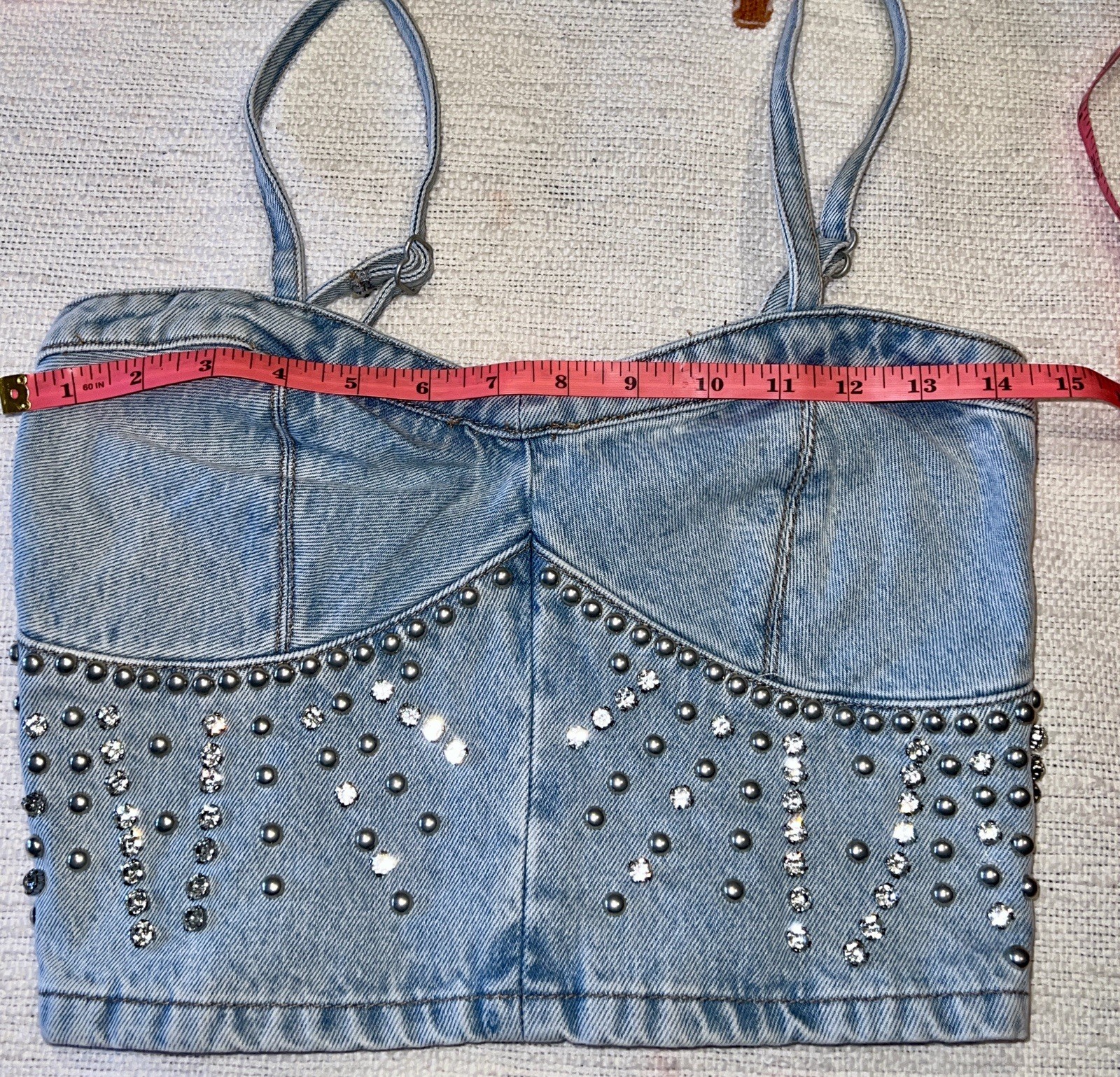 NWT BLANK NYC Light Wash Starstruck Embellished Denim Crop Top MED Festival Hot