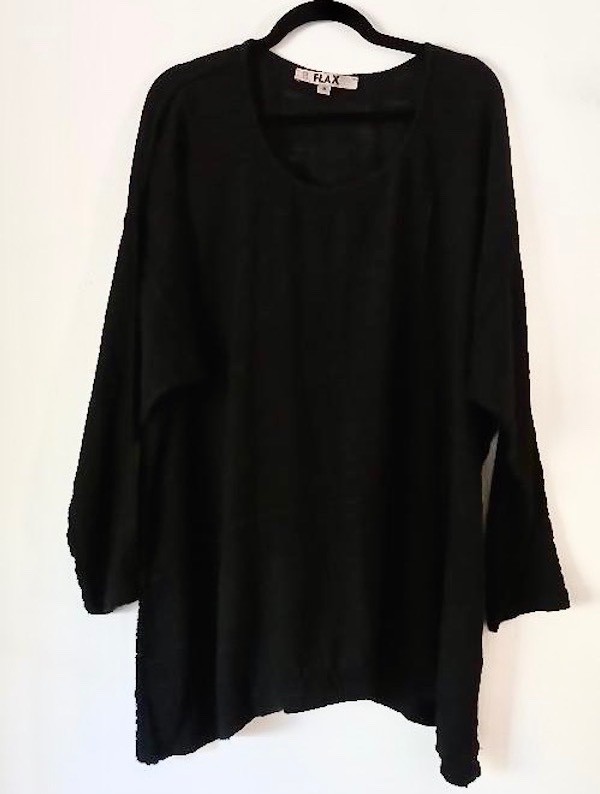 FLAX Oversized SMALL Tunic Black Gauze Scoop Neck Long Sleeves Linen Blend NEW