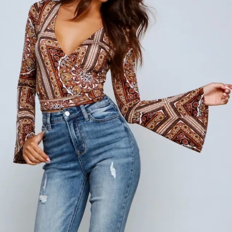 Boho Paisley Print Wrap Top With Bell Sleeves & Tie Back By Windsor S