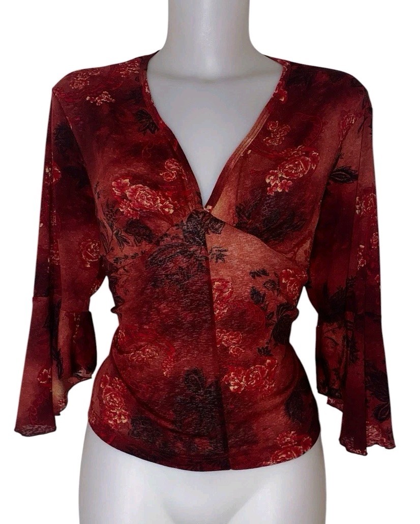90s Y2k Womens Red Floral Babydoll Top Sz XL Fairycore Whimsigoth Coquette