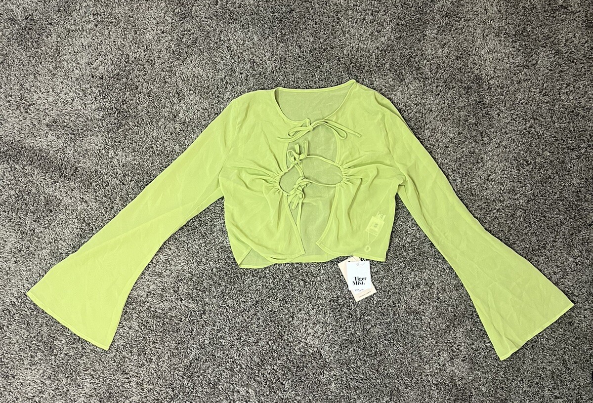 Tiger Mist Front Tie Abriella Top Long Sleeve Cropped Womens XS Pastel Green NWT