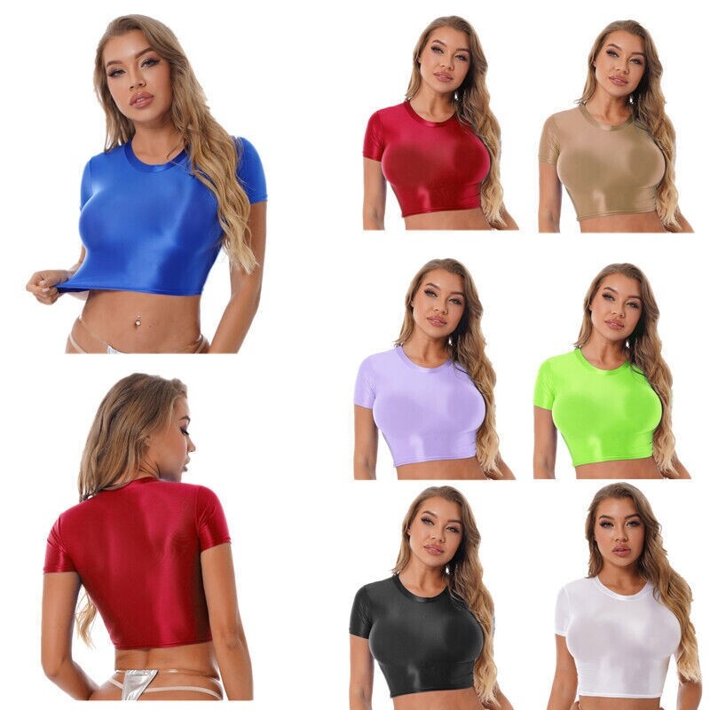 US Women Swim Tops Sexy Smooth Short Sleeve Crop Top Slim Fit Tee shir