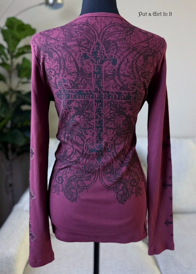 Vocal Apparel Women’s Crystal Burgundy Cross Long Sleeve Shirt XL Extra Large