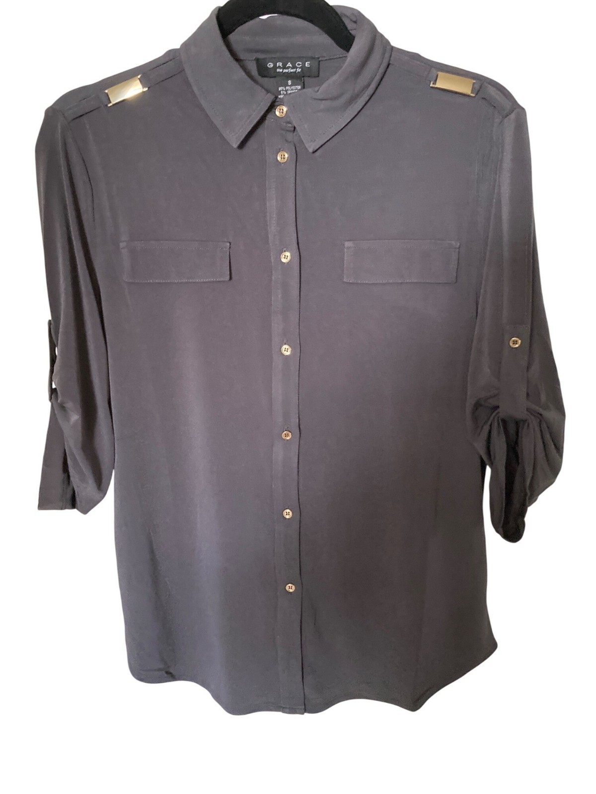 Grace Elements Womens Blouse Grey Roll Tab Sleeve Varies NWT