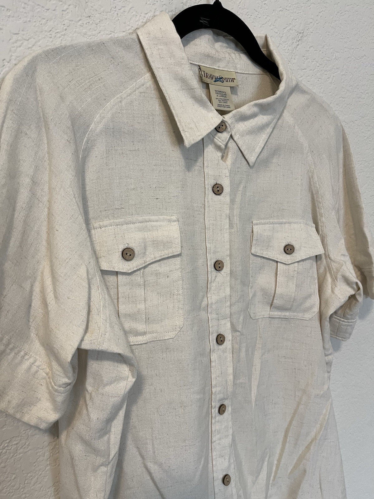 TravelSmith Blouse Womens XL Button Short Sleeve Ivory Collar Linen Bld Classic