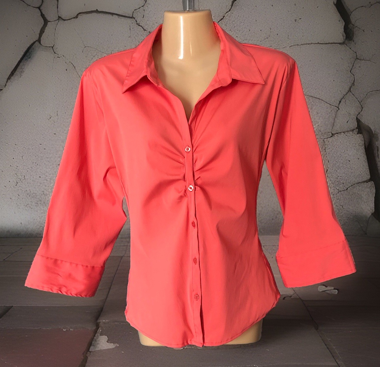 Easy Care Blouse Sz XL Peachy Pink 3/4 Sleeve Gathered Bust Button Down Stretch