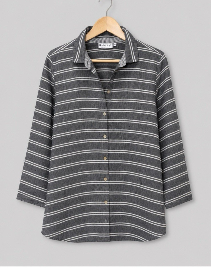 Habitat Gray White Striped Button-Up Collared 3/4 Sleeve Cotton Woven Top L