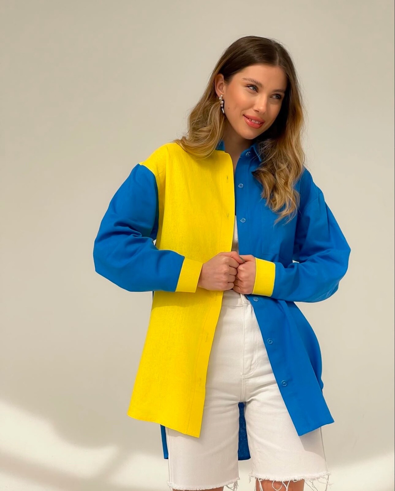 Shirt Blue Yellow Colorblock Oversized 100% Linen Long Sleeve XS S M L One size