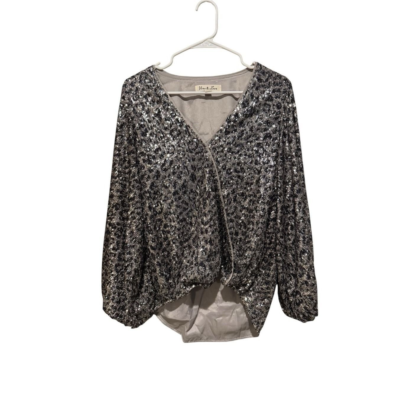 Vine & Love Silver Sequin Leopard-Print V-Neck Blouse