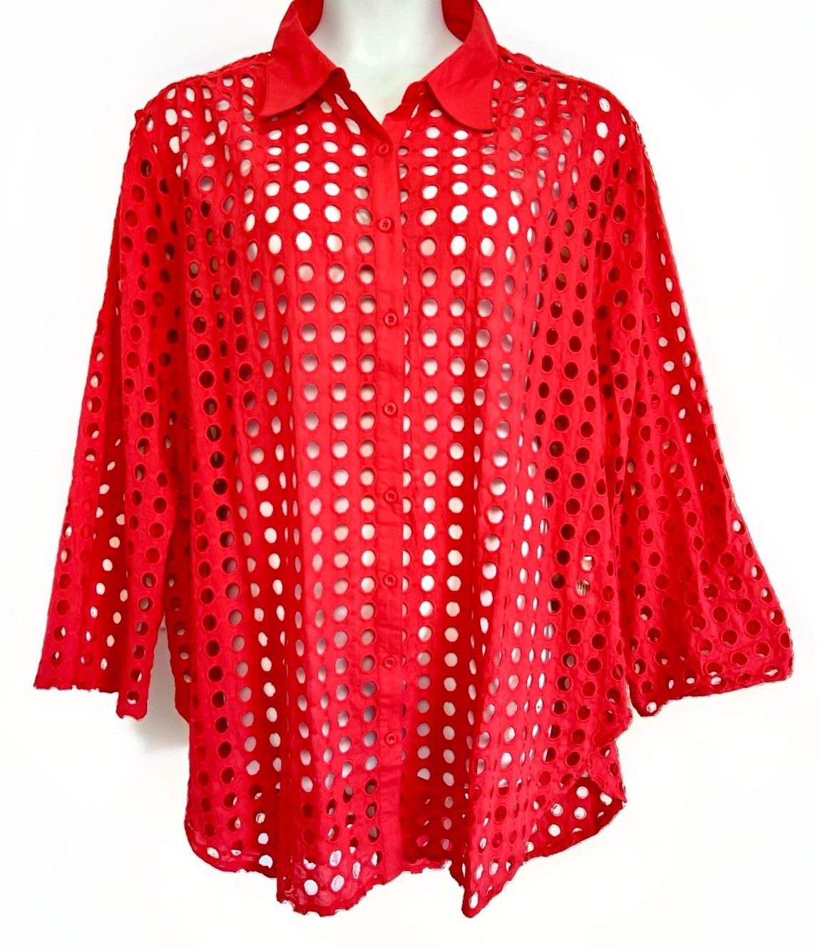 ADIVA Watermelon Openwork Eyelet Blouse Sz: 3X Button Up 3/4 Roll-Tab Sleeves
