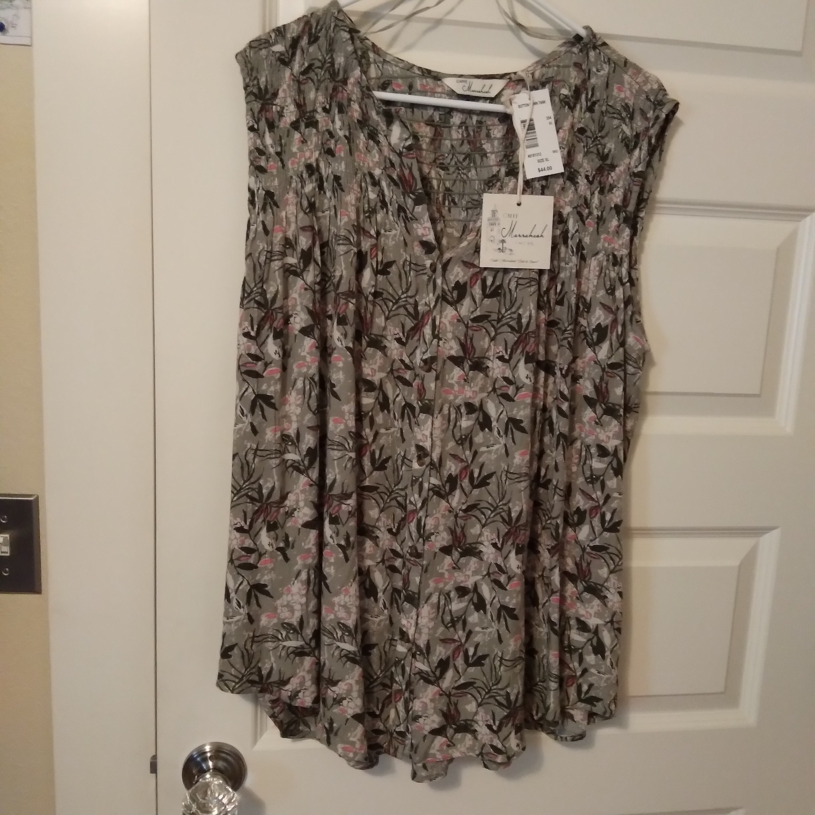 Summer Blouse Sleeveless Button Down Tunic w Shirring, Women’s XL NWT Green pink
