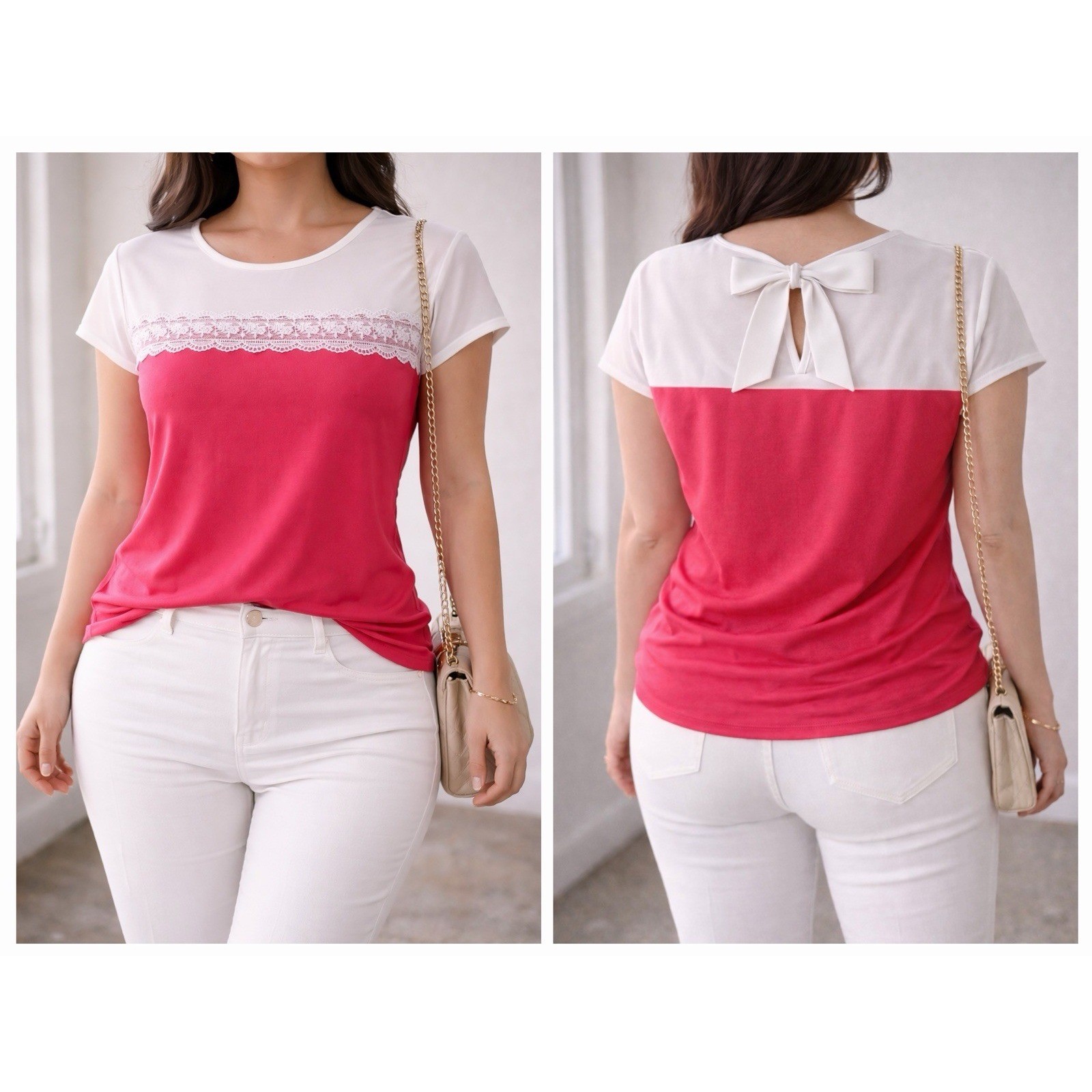 Faith and Joy Pink White Colorblock Lace Trim Bow Back Blouse Top PS