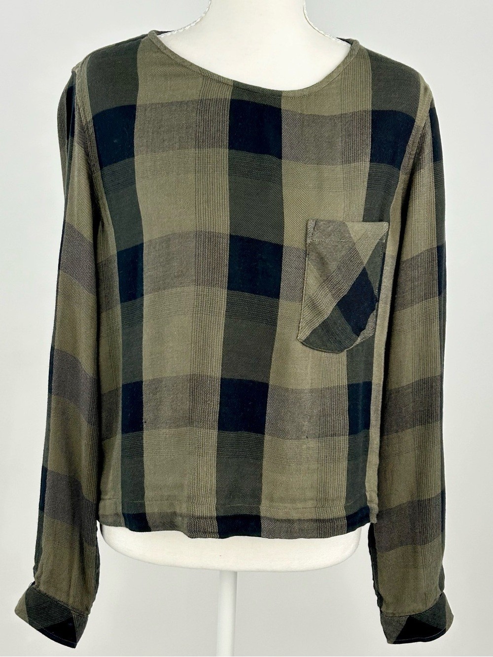 Cloth & Stone Plaid Lace Up Back Top Olive Black Long Sleeve Size Small