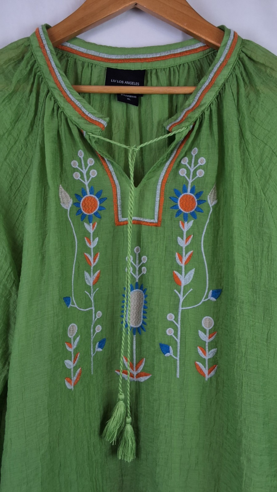 Liv Los Angeles Embroidered Floral Blouse Sz-XL Puff Sleeve Crinkly Boho Peasant