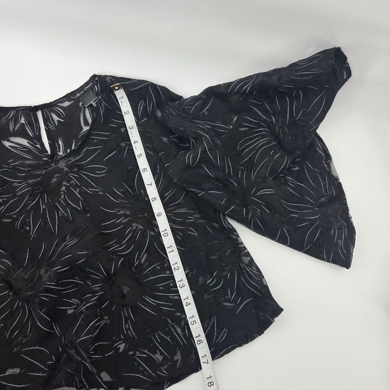 Caribbean Queen Crop Top Medium Black Floral Bell Sleeve Sheer Witchy Goth