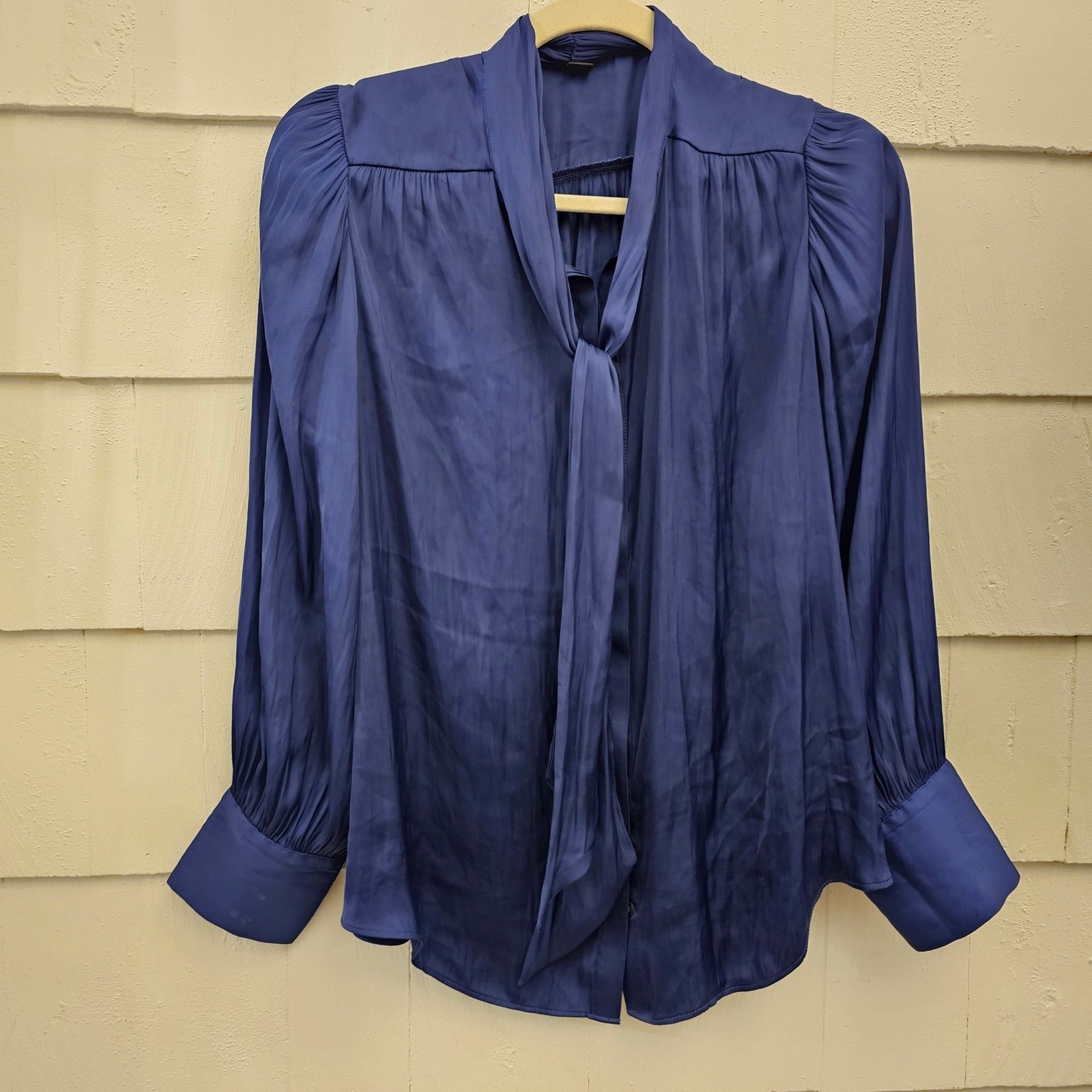 Ann Taylor Factory Petite MP Blue Tie Neck Blouse Long Sleeve Career Top