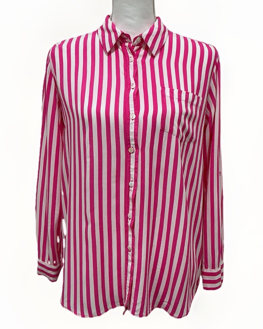 Jane+Delancey Striped Button Down Roll Sleeve Pink White Blouse Sz M 100%Rayon