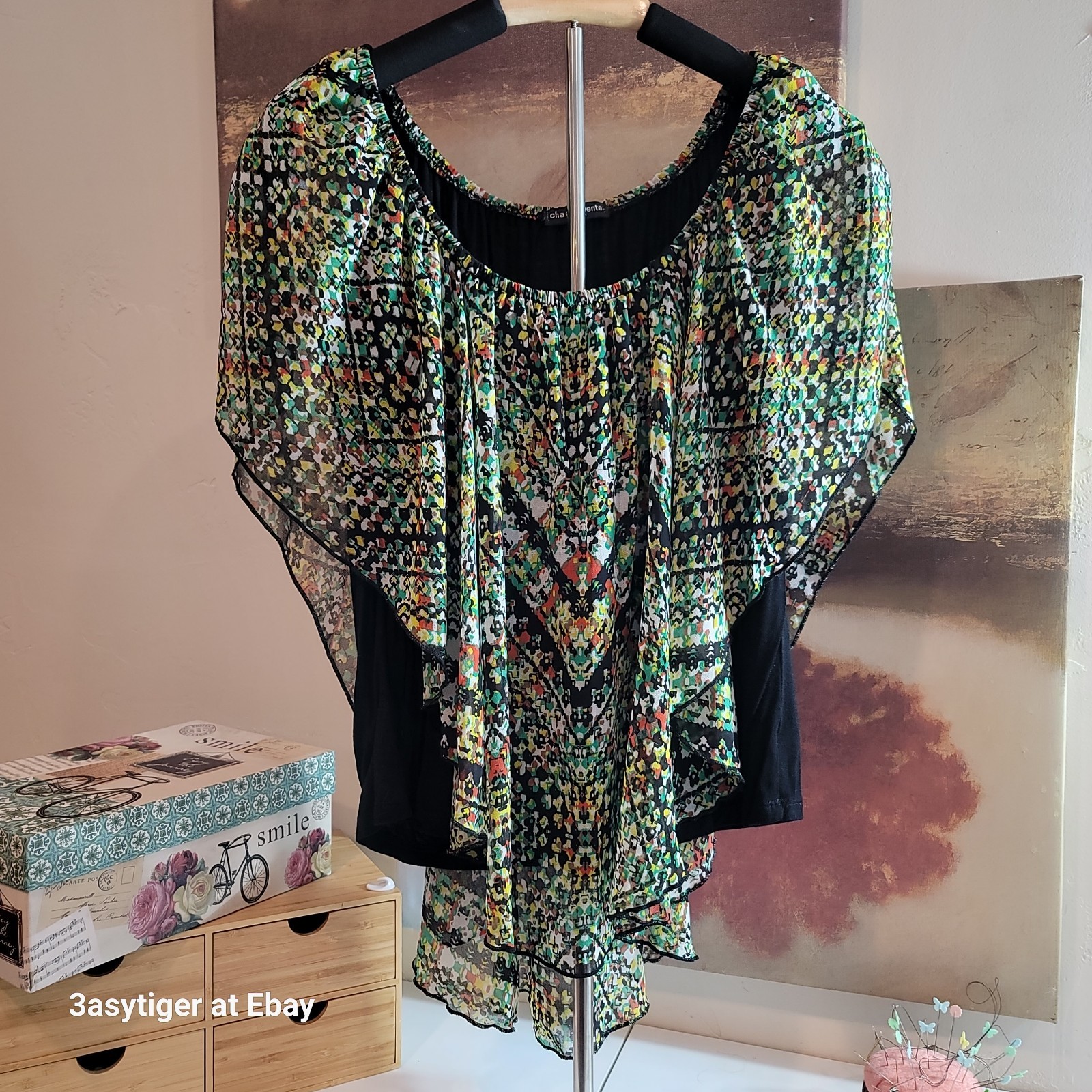 Cha Cha Vente Flutter Sleeve Butterfly Tank Top Poncho Scoop Neck Womens Medium