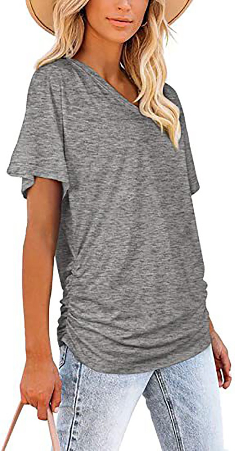 Women’s Solid V-Neck Short Sleeve T-Shirt Loose Cotton Blend Summer Tee Blouse