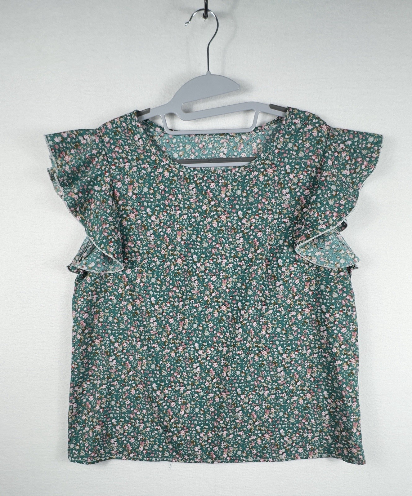 Green Floral Flutter Sleeve Blouse Large L Ruffle Cottagecore Boho Top Romantic