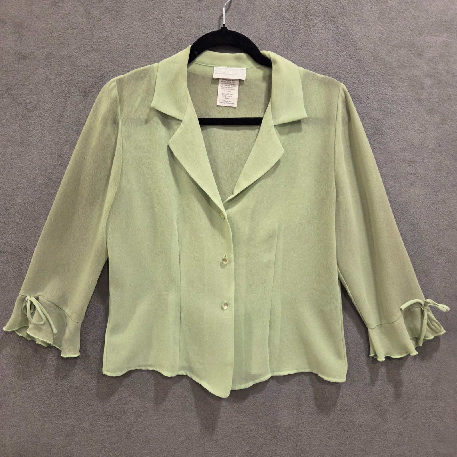Studio C Sheer Button Up Blouse Women’s Size 8 Ruffle Bow Fairycore Office
