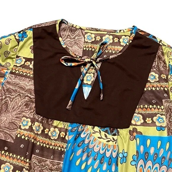 Vintage Blouse Patchwork Print Tunic Top Brown Blue Green Bohemian Boho Retro