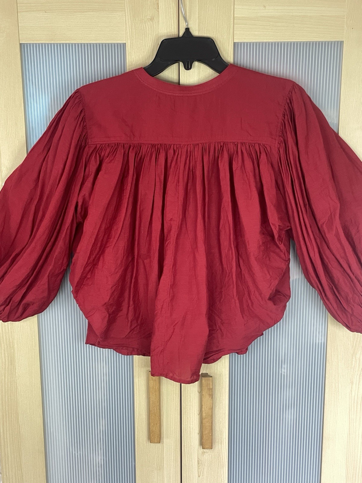 MADEWELL Shirred Balloon-Sleeve Top M Red Button-Up Blouse New Boho Peasant