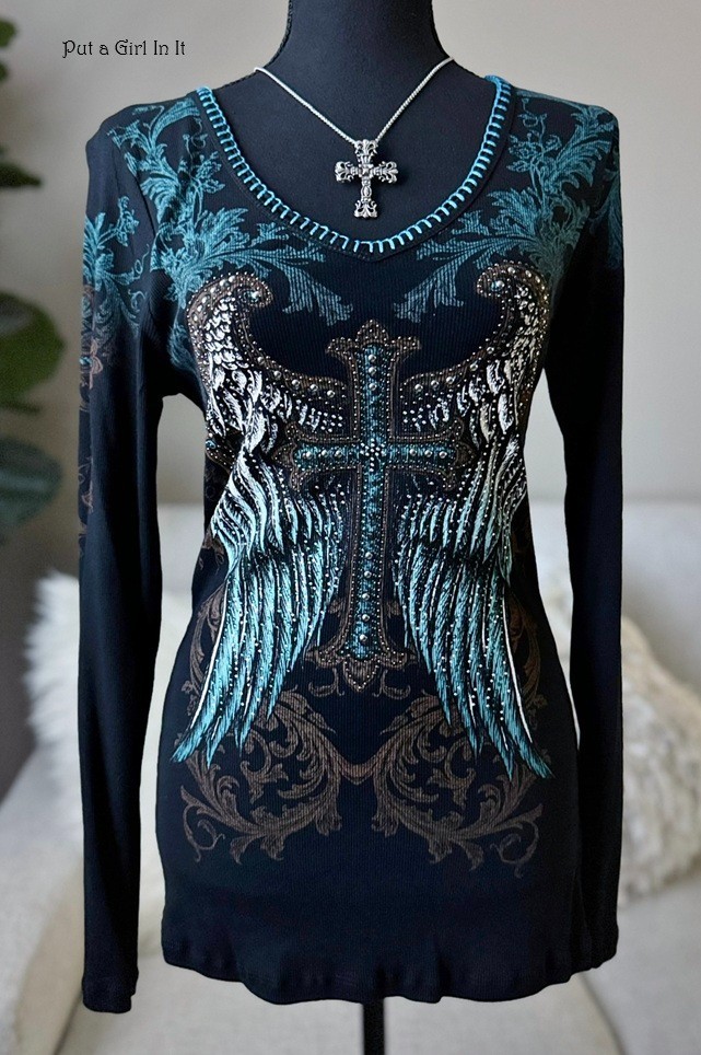 Vocal Apparel Women’s Crystal Black Cross Angel Wings Whipstitch Shirt S M L XL