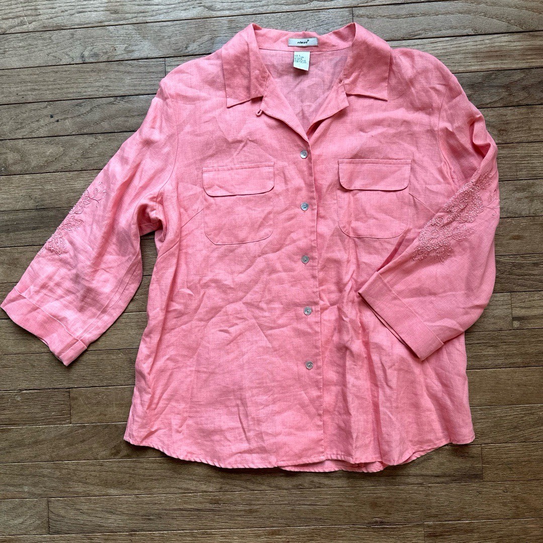 Edward Button Up Shirt Womens Large Embroidered Beaded 100% Linen Pink Vintage