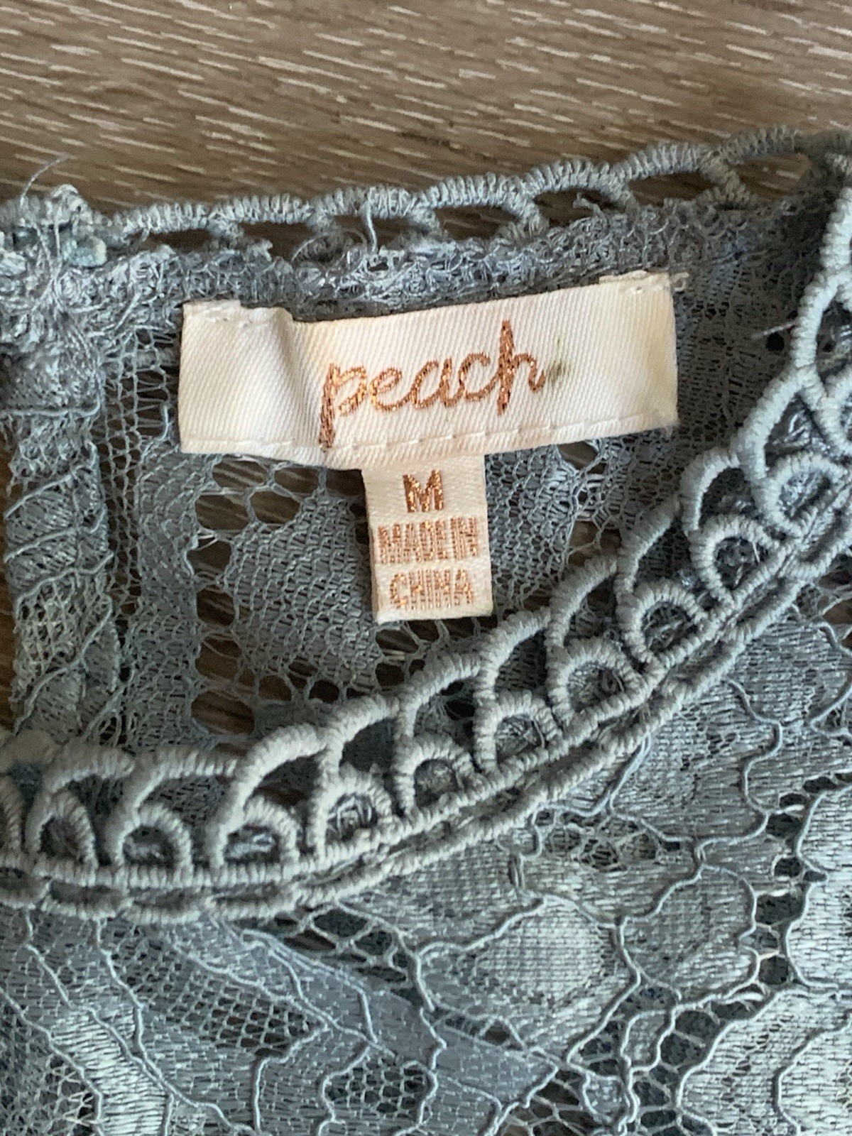 PEACH Womens Size Medium Blouse Shadow Green Lace Cinched Waist Short Sleeve