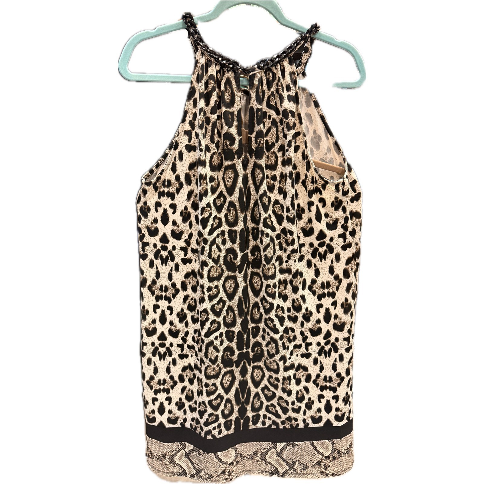MSK Womens Leopard Print Halter Top Black Chain Neck Snakeskin Hem Blouse Large