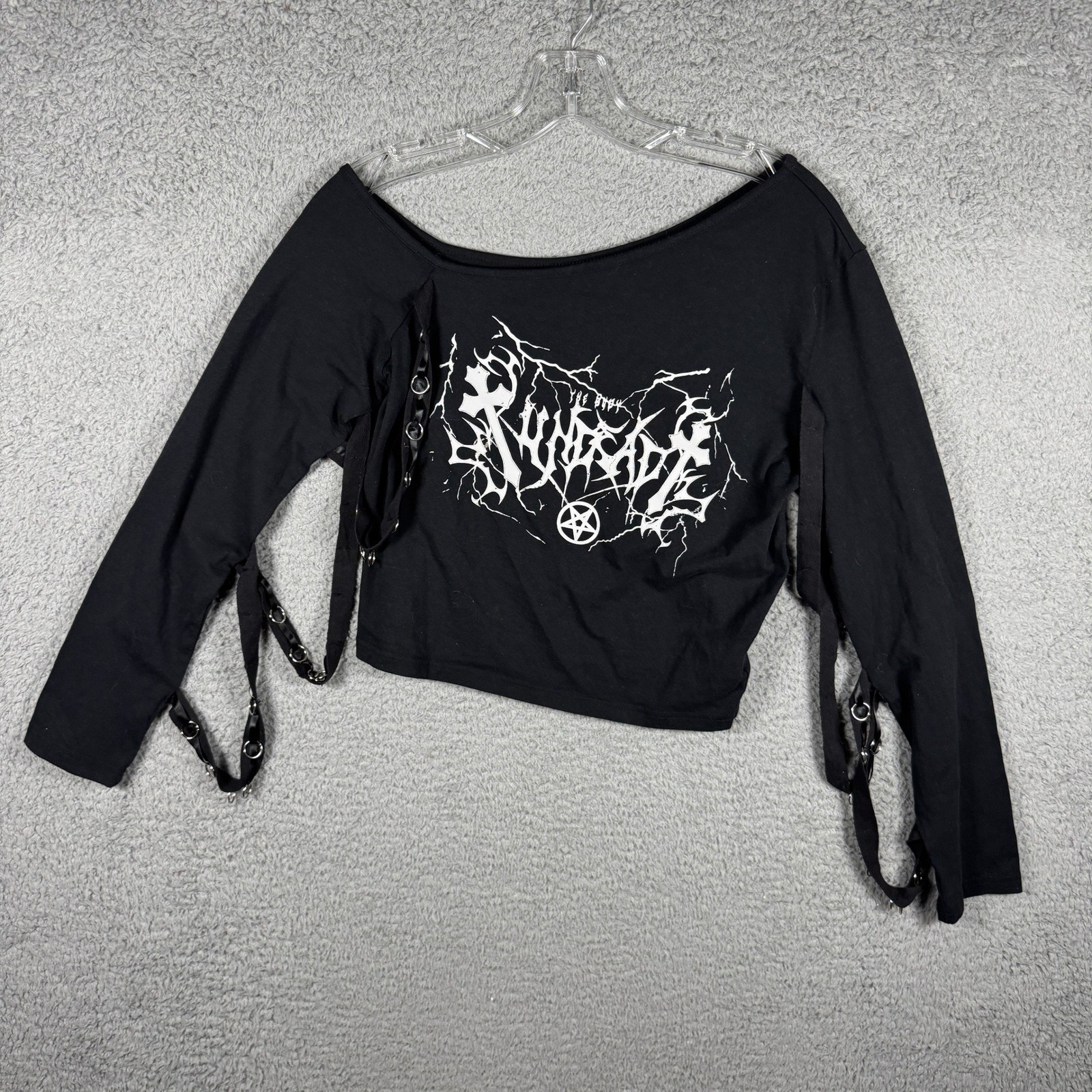 ROMWE Women Black Goth Graphic Off Shoulder O-Ring Strap Crop Top Large
