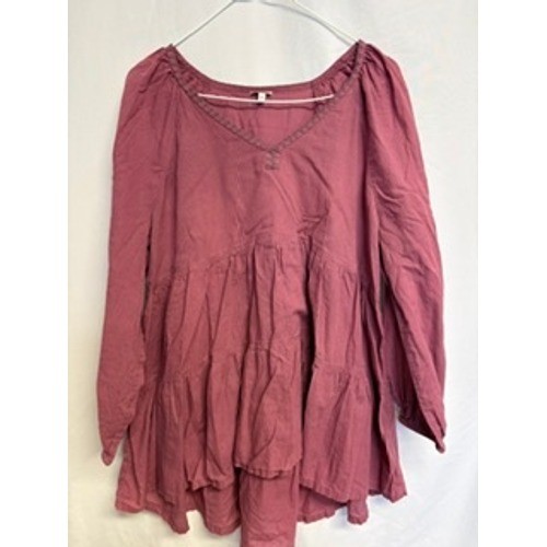 True Craft Womens L Mauve Fairy Cotton Tiered V-Neck Long Sleeve Tunic Top