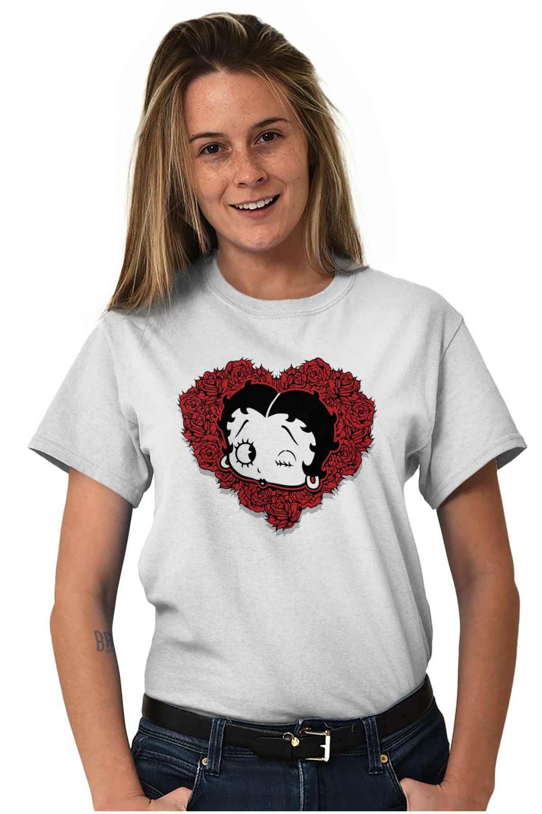 Betty Boop Cartoon Roses Heart Floral Love Womens Graphic Crewneck T Shirt Tee
