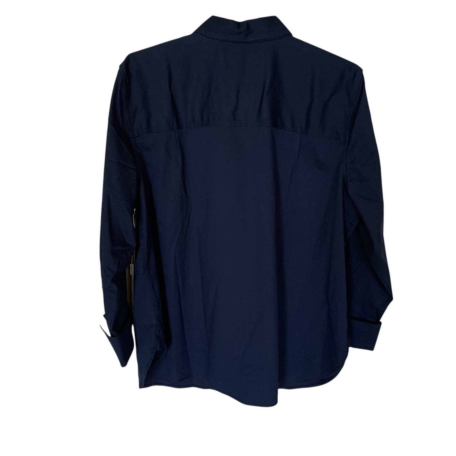 Chicos Women Sz.3 16 No Iron Button Up Navy Blue Stretch Flip Cuff Blouse NEW