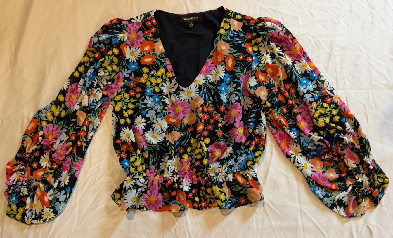Sugarlips S Black Multicolor Floral V-Neck Balloon Sleeve Peplum Blouse