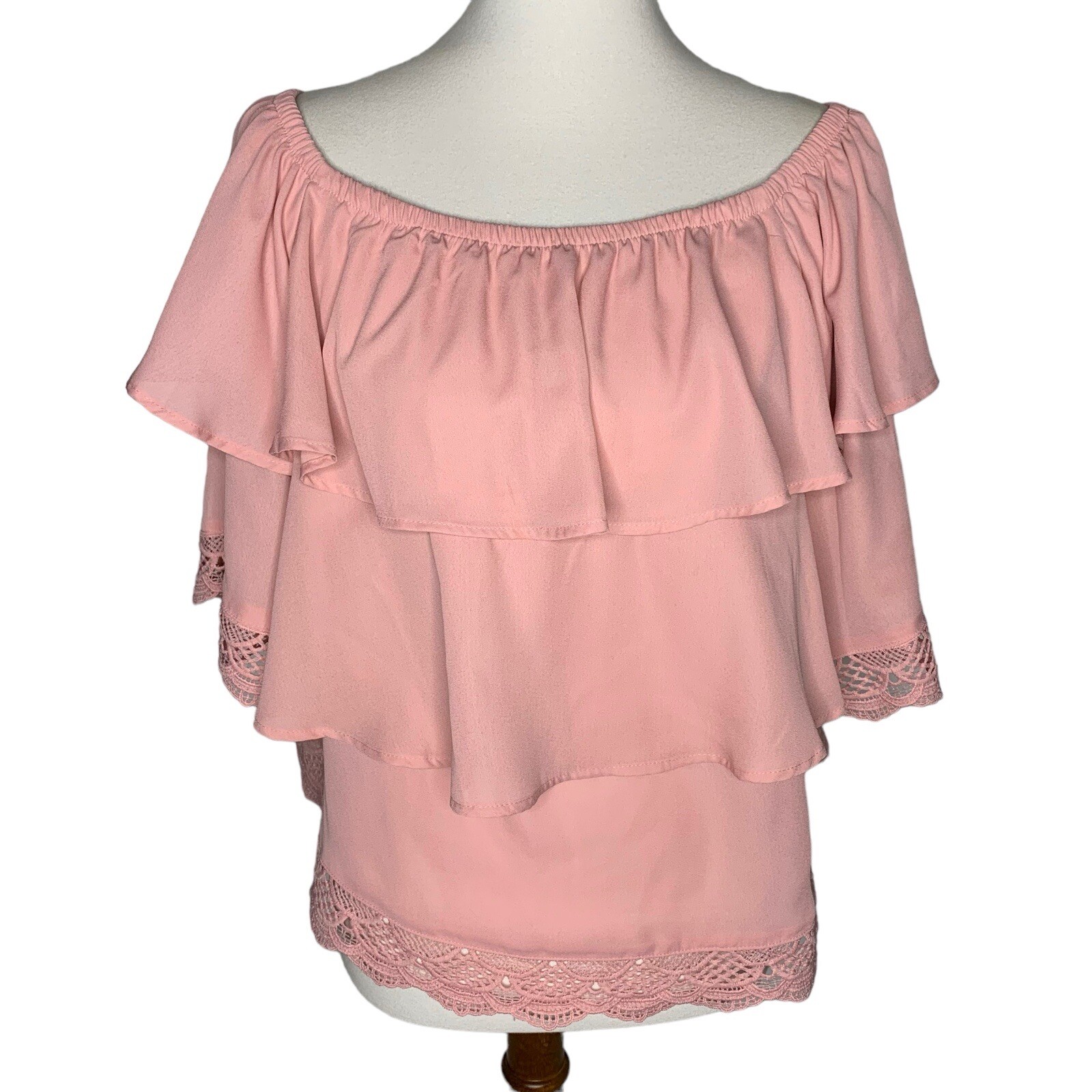 Gibson Off The Shoulder Tiered Top Womens Size Large Pink Lace Detail