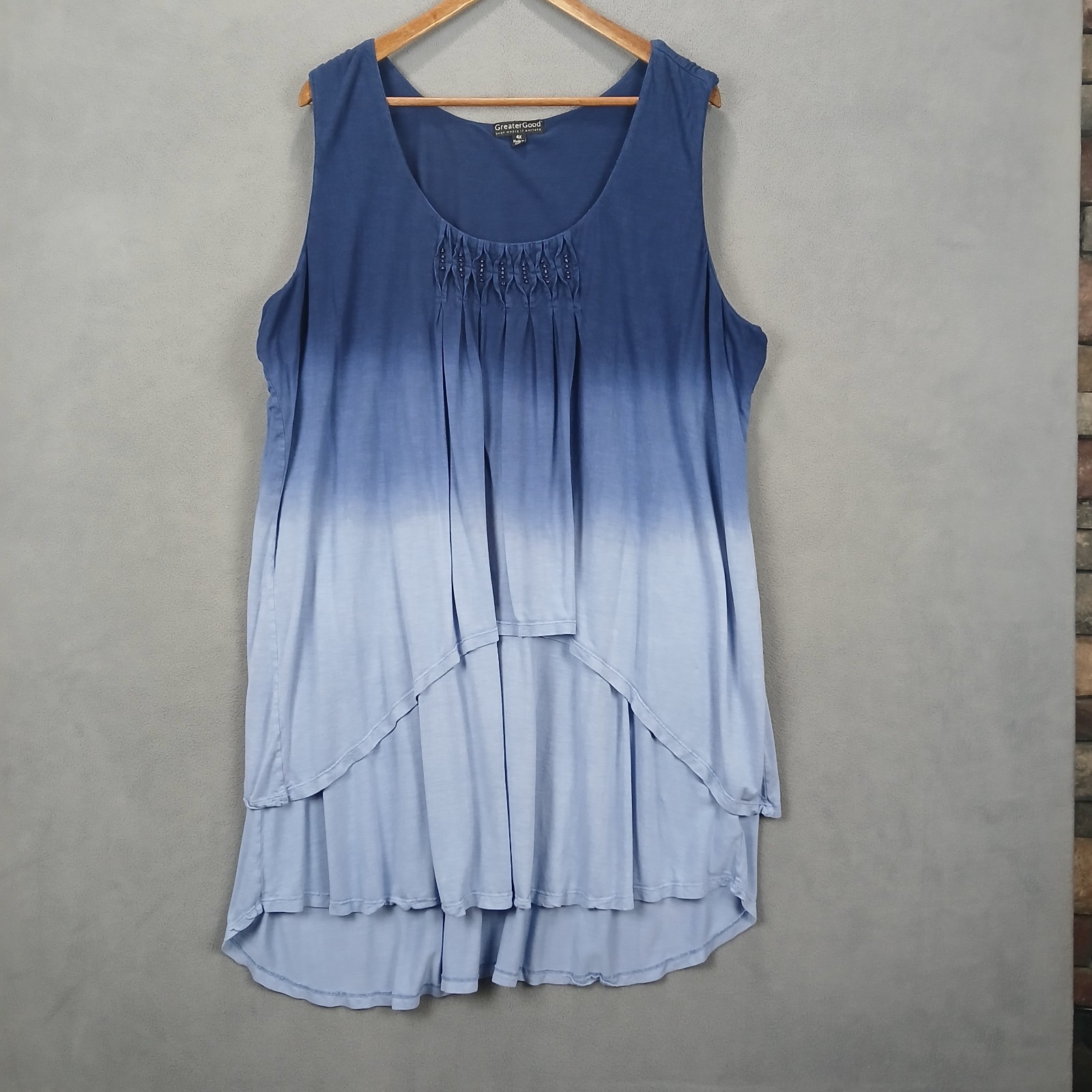 GreaterGood Tunic Top Womens 4X Blue Stella Ombre Pleated Embellished Beaded