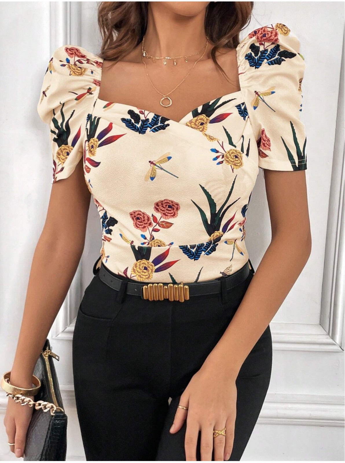 Multicor Privé Floral Print Sweetheart Neck Puff Sleeve Summer Tee Sz XS S M LXL
