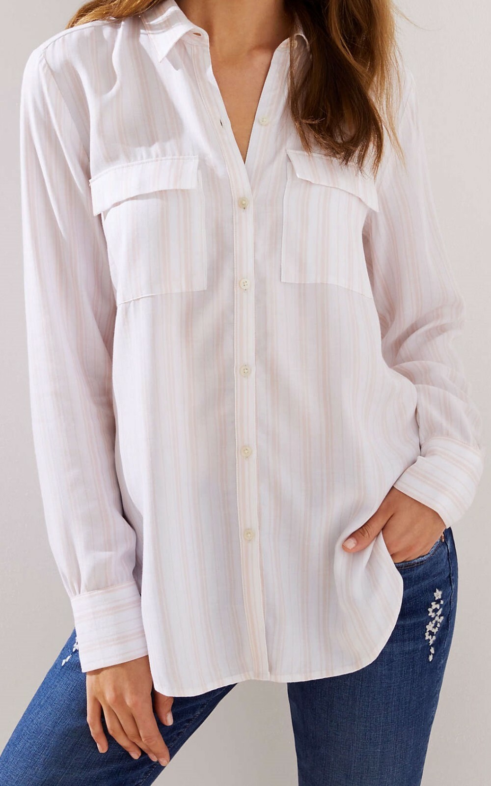 Ann Taylor LOFT Striped Tie Hem Utility Blouse Top Size X-Small, Small NWT Pink