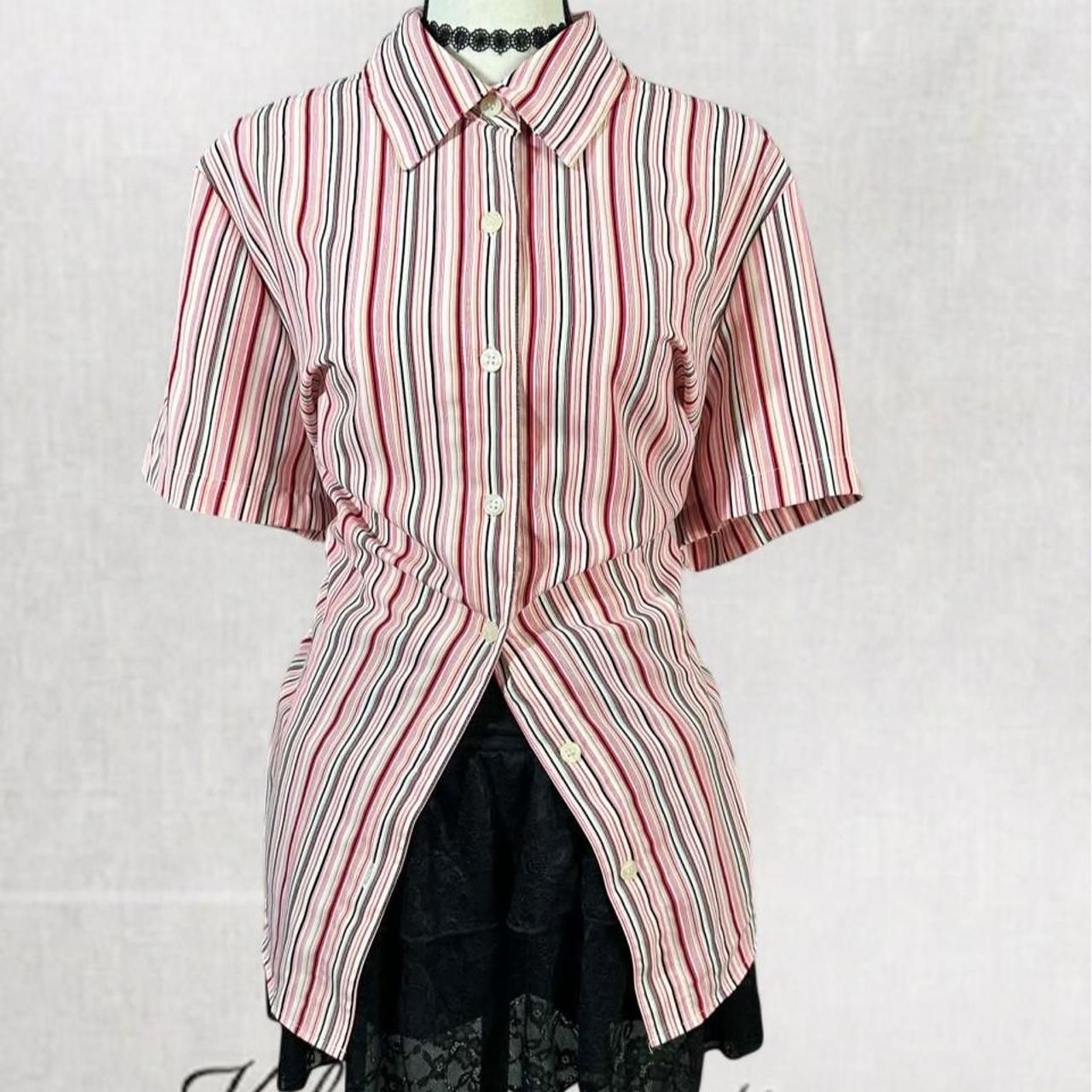 Vintage Style Candy Colored Pinstripe Collared Button Up Blouse