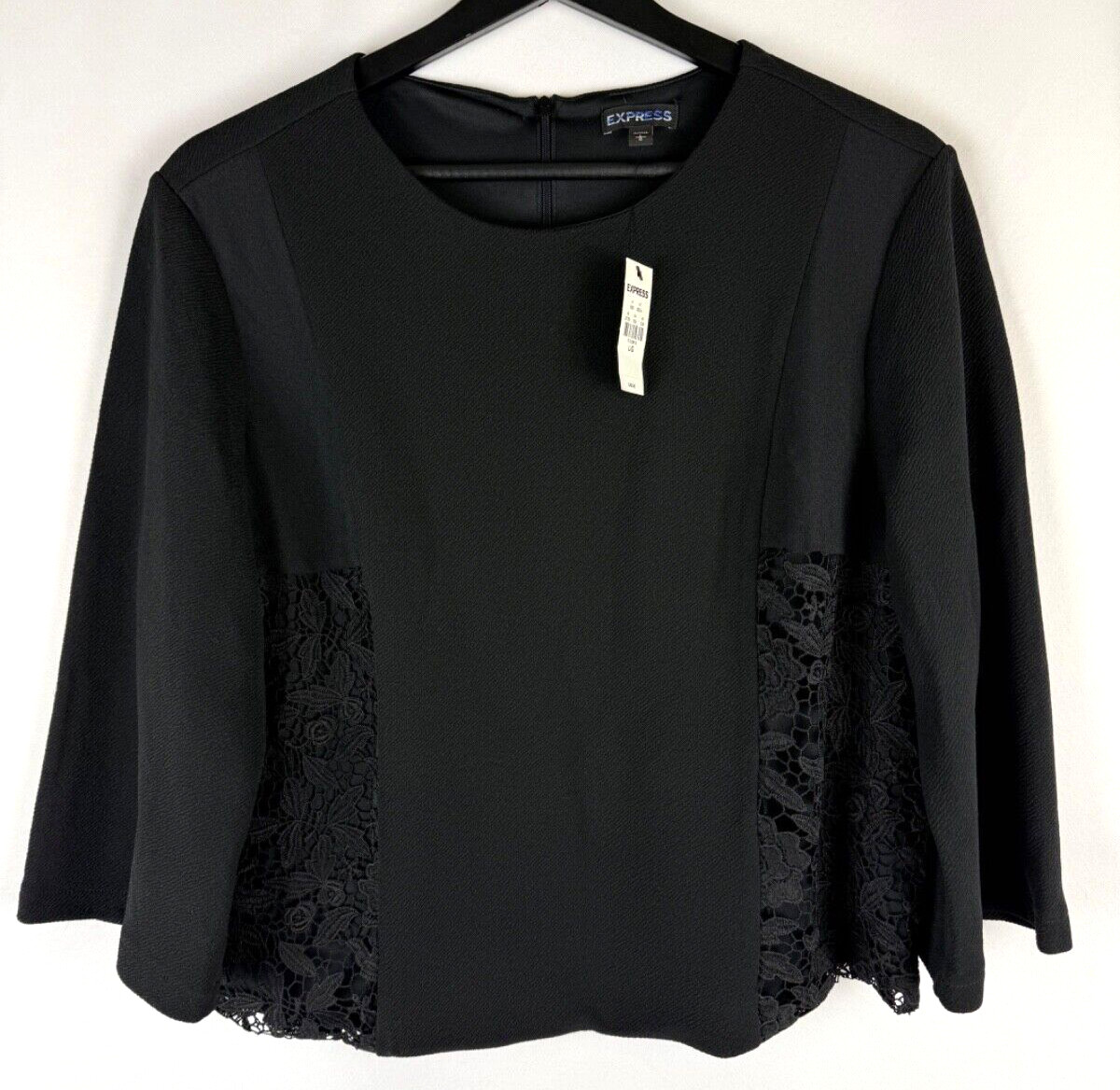 $49 NEW Express Women’s Black Cut-Out Zipper Back Floral Crochet Sides Top Large